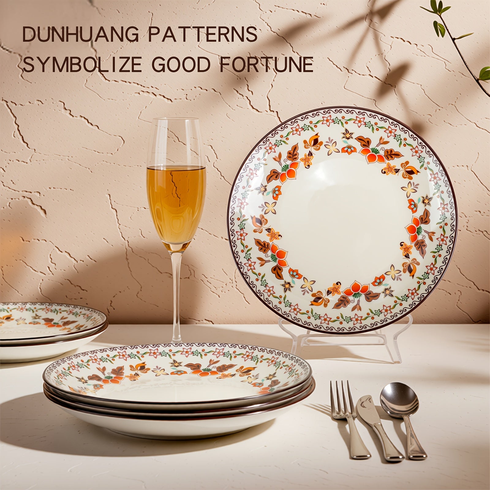 Set of 2 Shallow Plates Measuring 8.5 Inches (Dream of Dunhuang), Suitable for Dishwashers And Microwaves, Reusable, Featuring a Vintage Floral Bohemian Style, Perfect for Snacks, Pastries, Fruits, And Pet Dishes