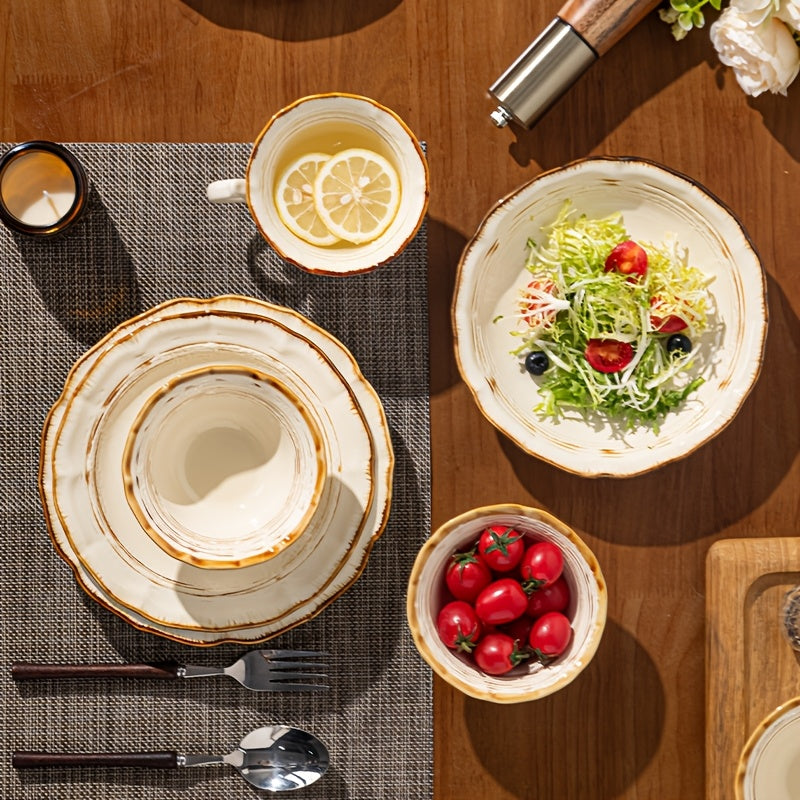 8pcs Ceramic Dinnerware Set in a Kiln-Changed Brown Color, Featuring a Vintage Minimalist Design with Irregular Edges, Suitable for Serving Fruits, Vegetable Salads, Bread, Pasta, Steak, Roasted Chicken, And More