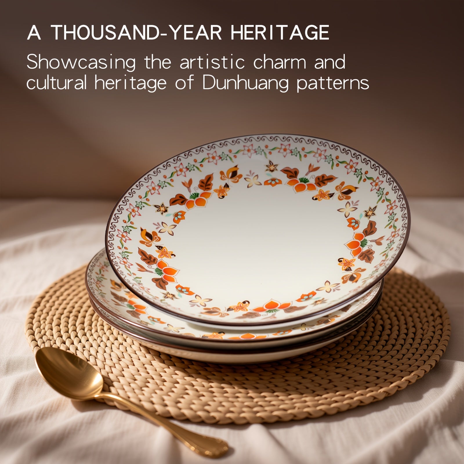 Set of 2 Shallow Plates Measuring 8.5 Inches (Dream of Dunhuang), Suitable for Dishwashers And Microwaves, Reusable, Featuring a Vintage Floral Bohemian Style, Perfect for Snacks, Pastries, Fruits, And Pet Dishes